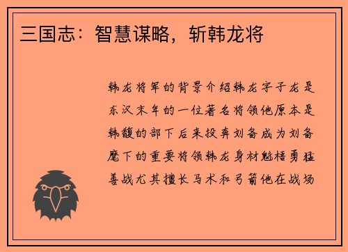 三国志：智慧谋略，斩韩龙将